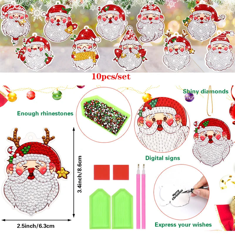 10pcs 5D DIY Santa Claus Diamond Painting Hanging Ornament