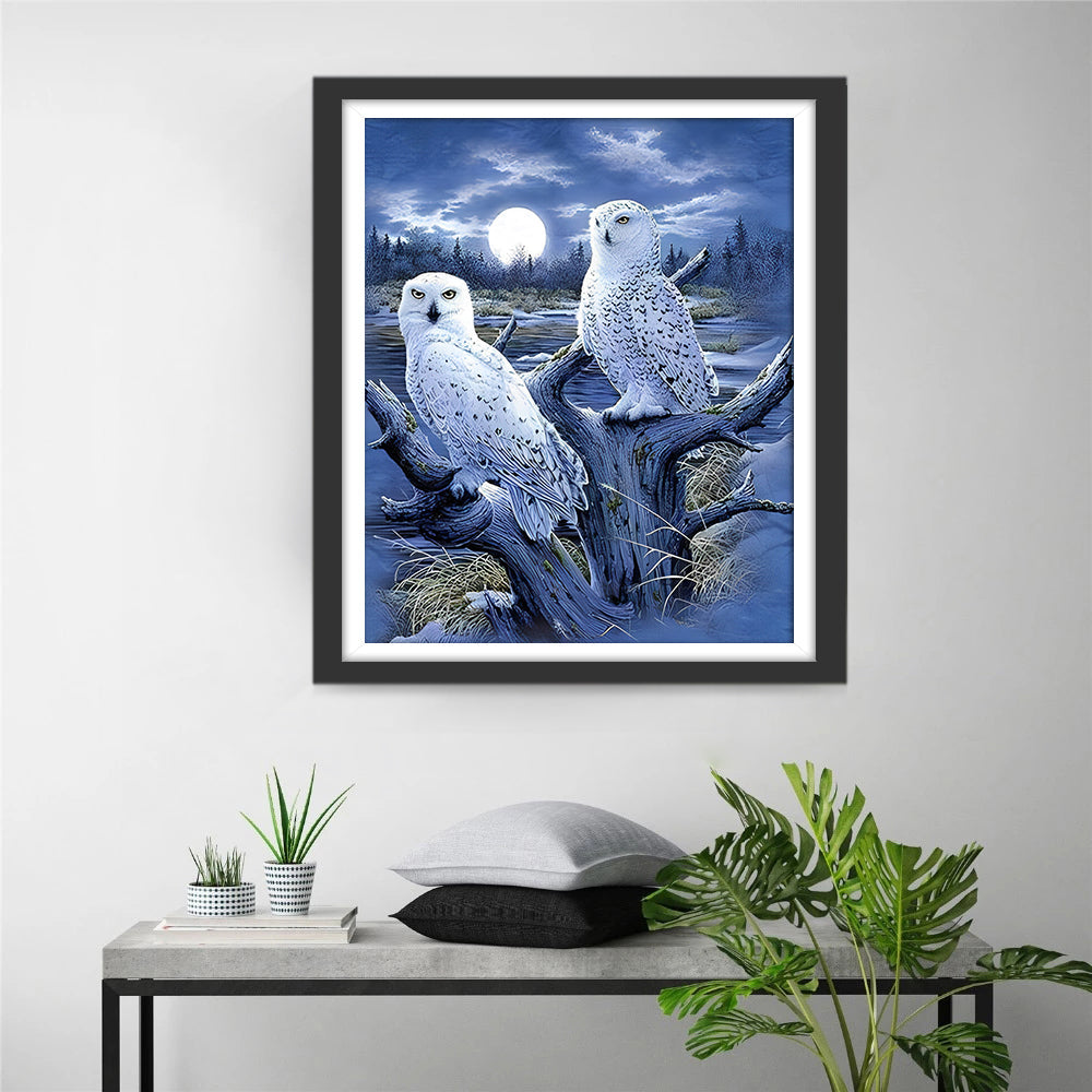 Weiße Eulen und Vollmond Diamond Painting